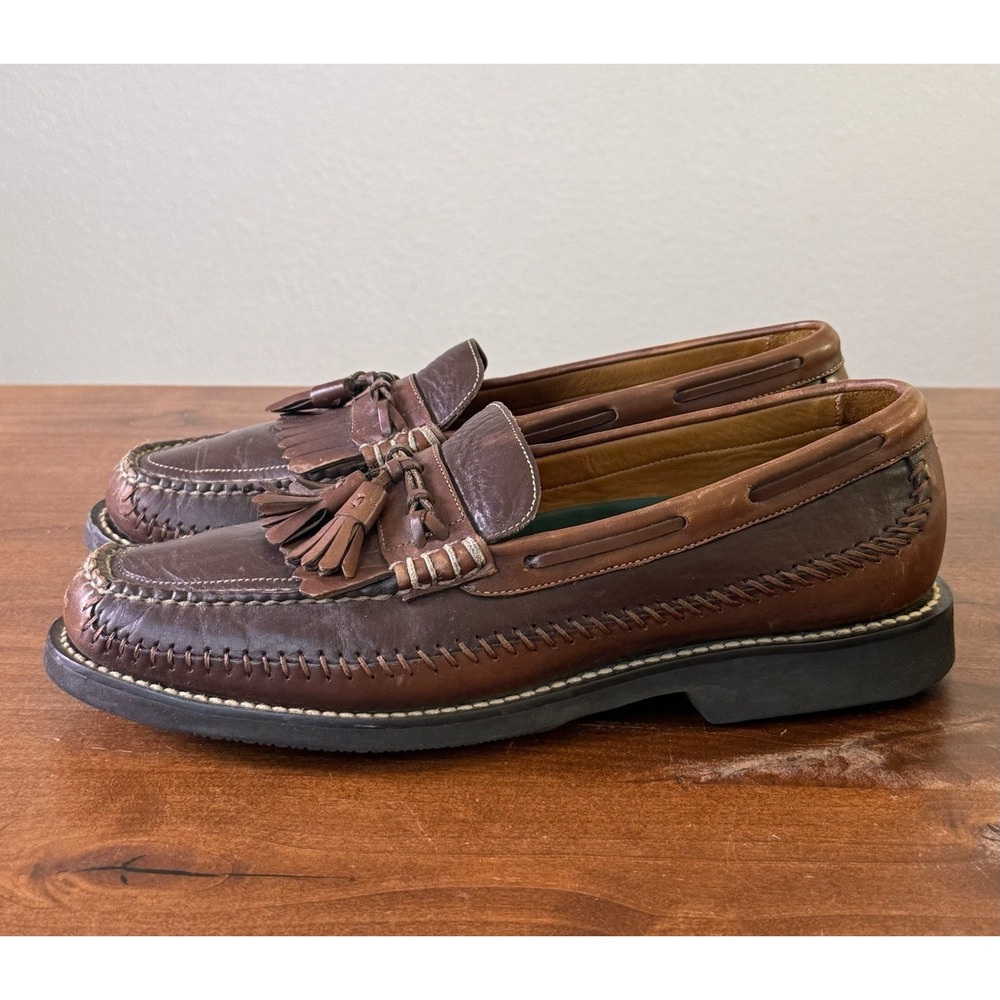 H.S. Trask Bison Two Tone Brown Leather Tasseled Penny Loafers Men's 10.5 M
